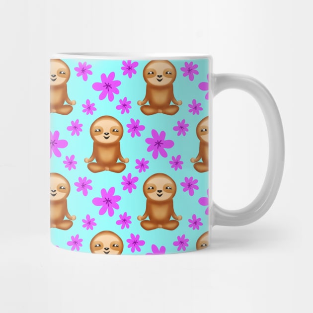 Funny cute little meditating relaxed chilling zen sloths and pretty pink spring flowers white bright baby blue pattern. Gifts for sloth and nature lovers. by IvyArtistic